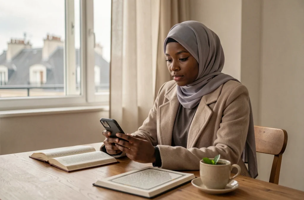 Jeune femme musulmane consultant les horaires de prière sur son téléphone à Ivry-sur-Seine