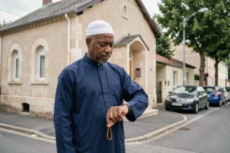 Homme musulman vérifiant l'heure de prière devant une mosquée à Ivry-sur-Seine