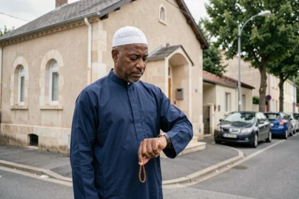 Homme musulman vérifiant l'heure de prière devant une mosquée à Ivry-sur-Seine